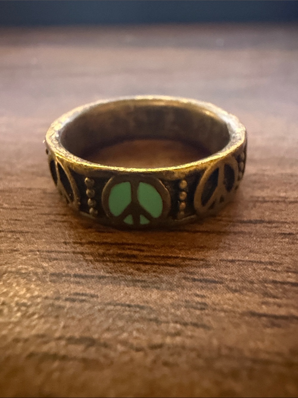 Vintage Lucky Brand Brass Ring with Green Peace Sign Inlays